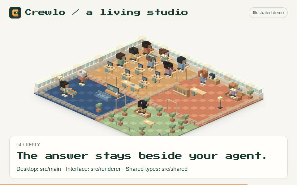 Illustrated Crewlo studio holding a readable example response beneath the characters